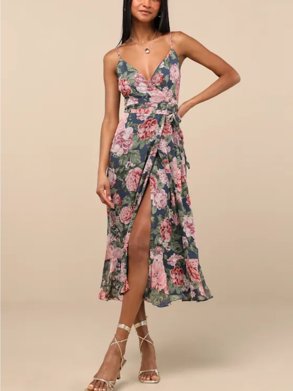 Lulu's Delightfully Divine Navy Blue Floral Chiffon Wrap Midi Dress